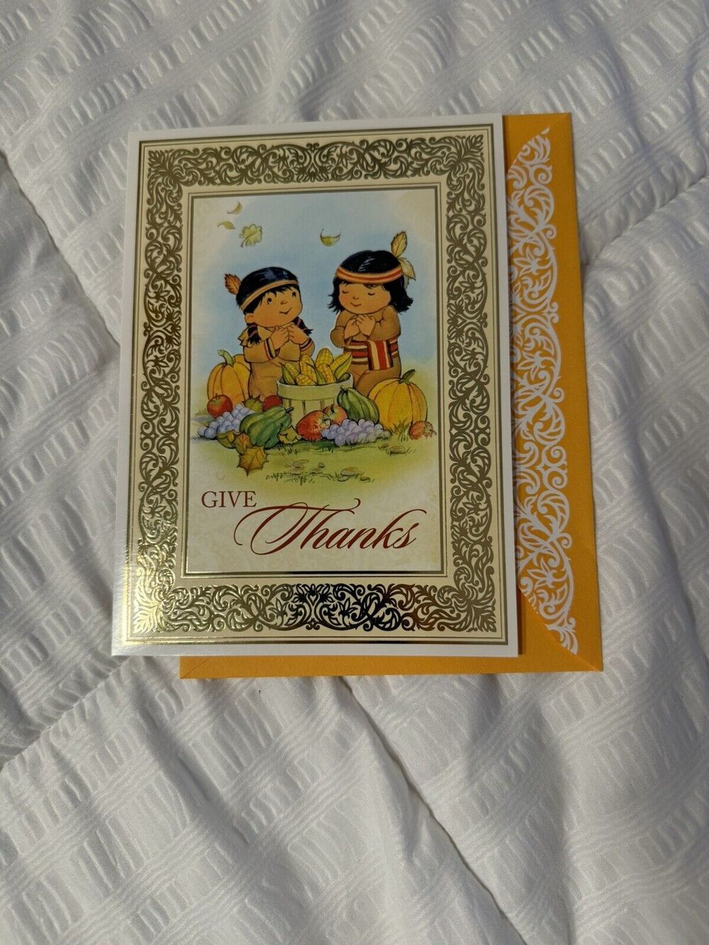 Happy Thanksgiving Card Greeting Give Thanks Native American Autumn Fall